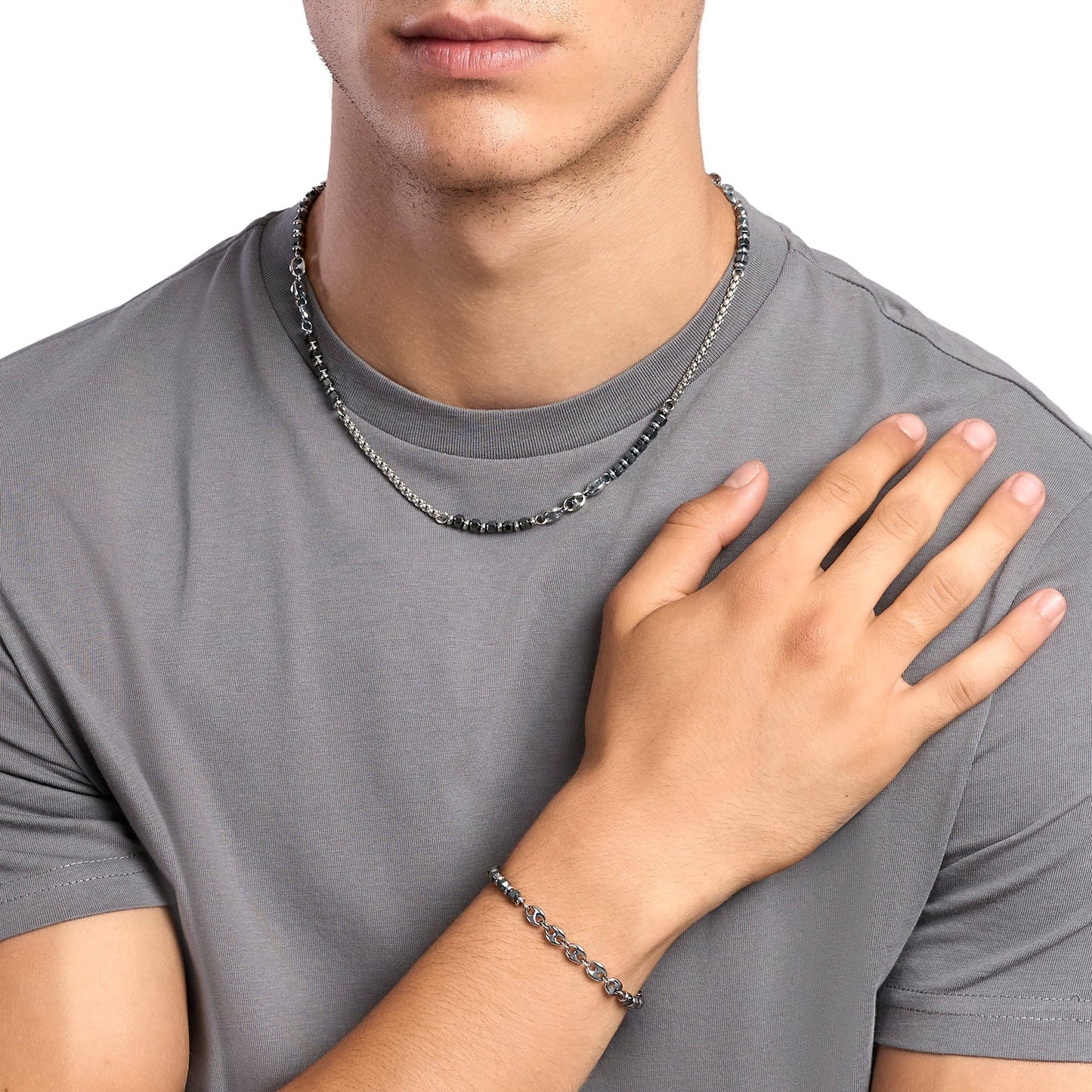 KIDULT - Bracciale in acciaio con ematite e catena marina