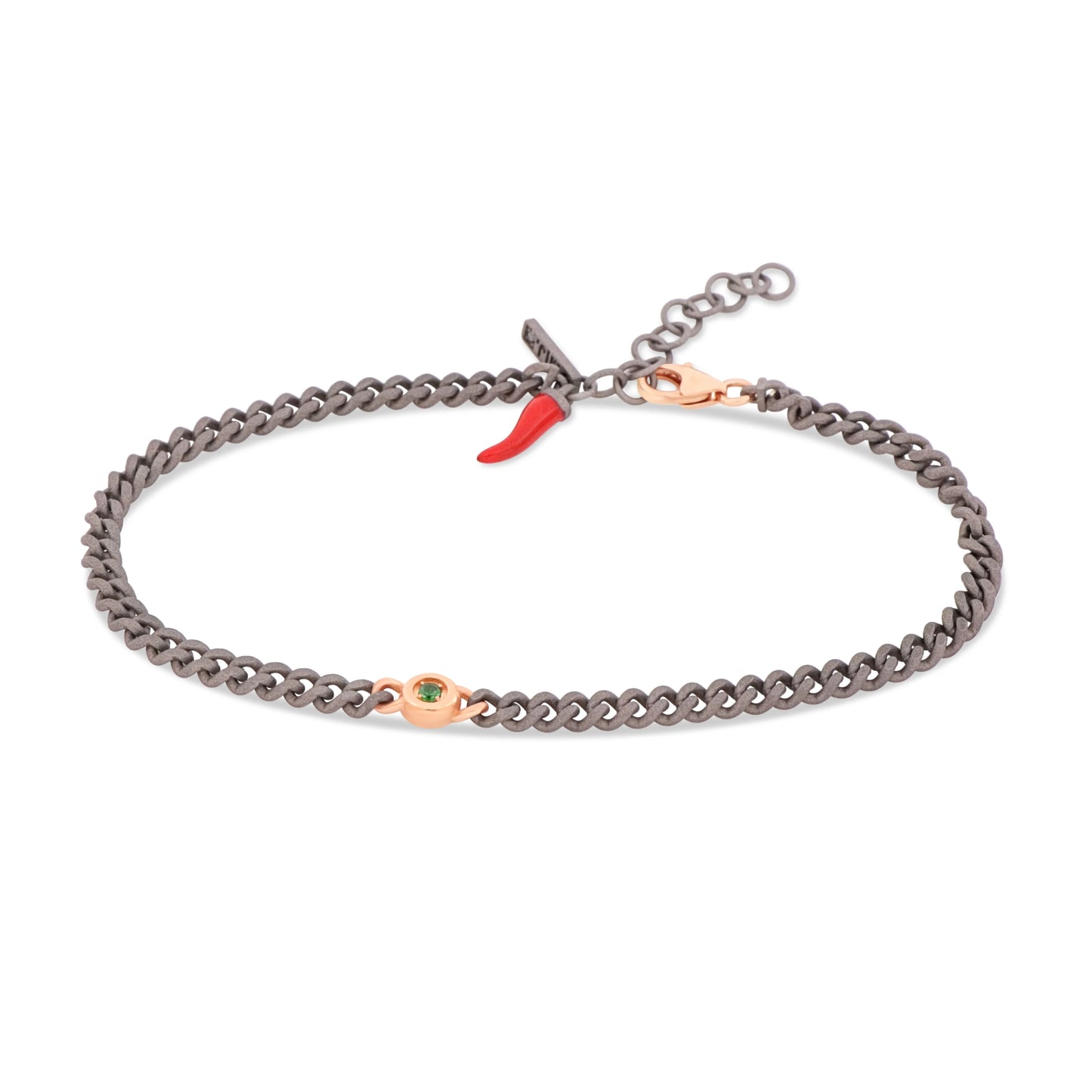 MANO -BRACCIALE UOMO IN TITANIO CON PUNTO LUCE, ZAVORRITI E UNA CATENA GROUMETTE, ORO ROSSO 9KT