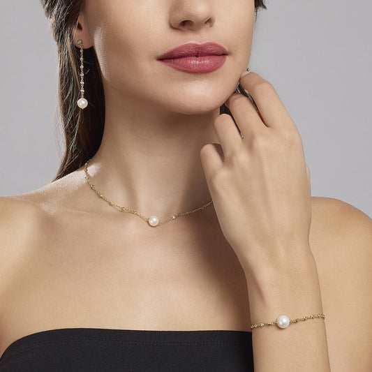 MABINA - Orecchini pendenti dorati con perla