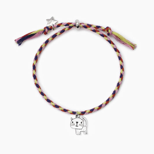 MABINA JUNIOR - Bracciale in argento con cordino e ciondolo gattino