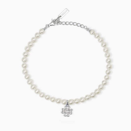 MABINA - Bracciale con Perle e Ciondolo Quadrifoglio