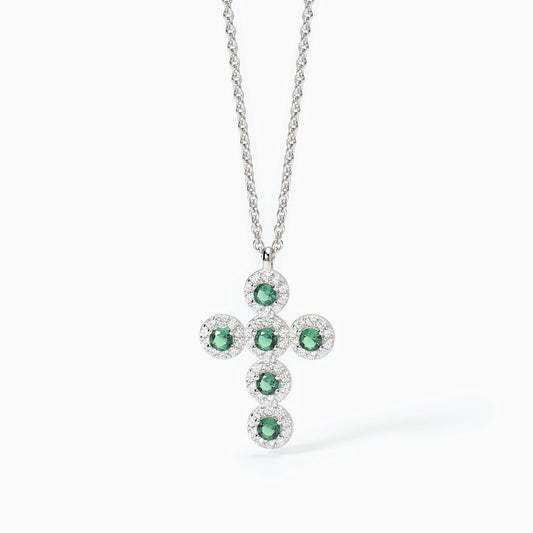 MABINA - Girocollo in argento con ciondolo croce e smeraldi sintetici