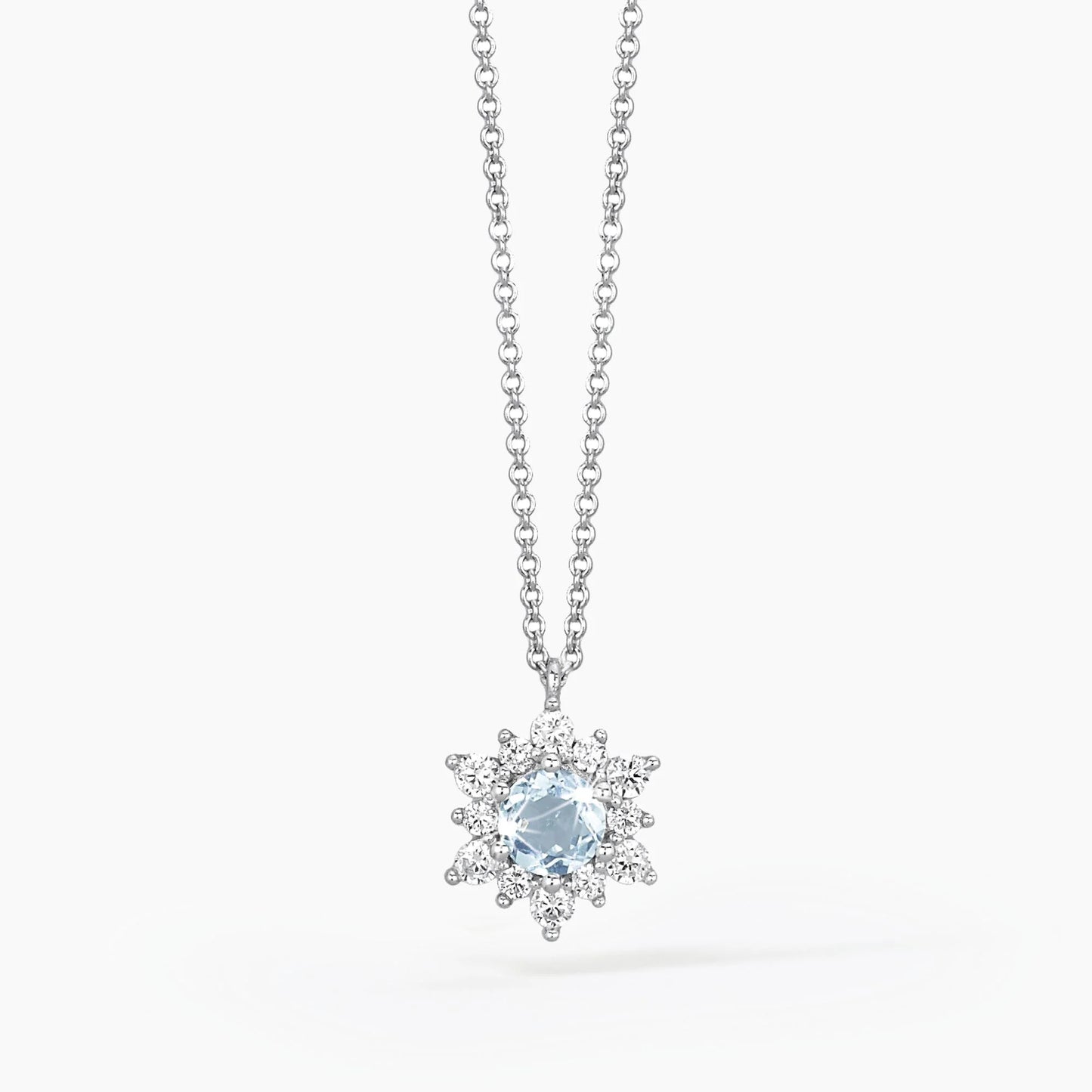 MABINA -Girocollo in argento con ciondolo fiore in pietra color acquamarina e zirconi
