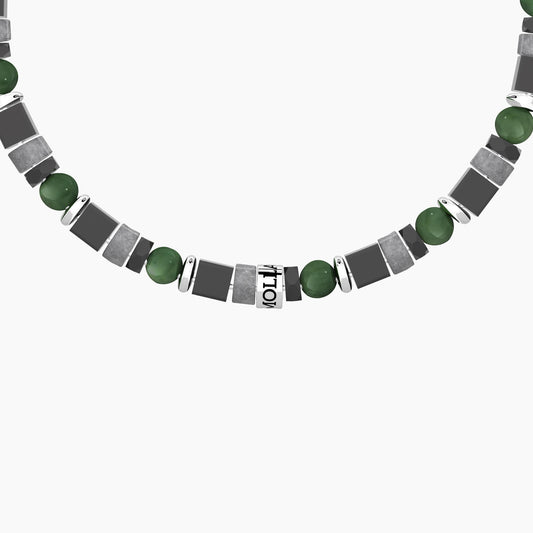 KIDULT -Bracciale uomo acciaio con cubetti martellati e pietra lavica