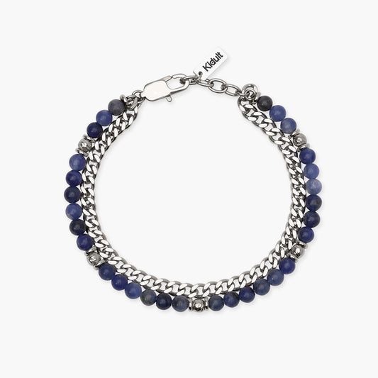 KIDULT -Bracciale uomo con con catena groumette e sfere diamantate e sodalite blu