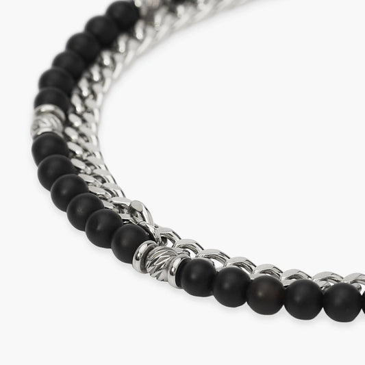 KIDULT -Bracciale uomo con catena groumette e catena con sfere diamantate e agata nera