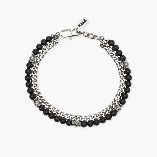 KIDULT -Bracciale uomo con catena groumette e catena con sfere diamantate e agata nera