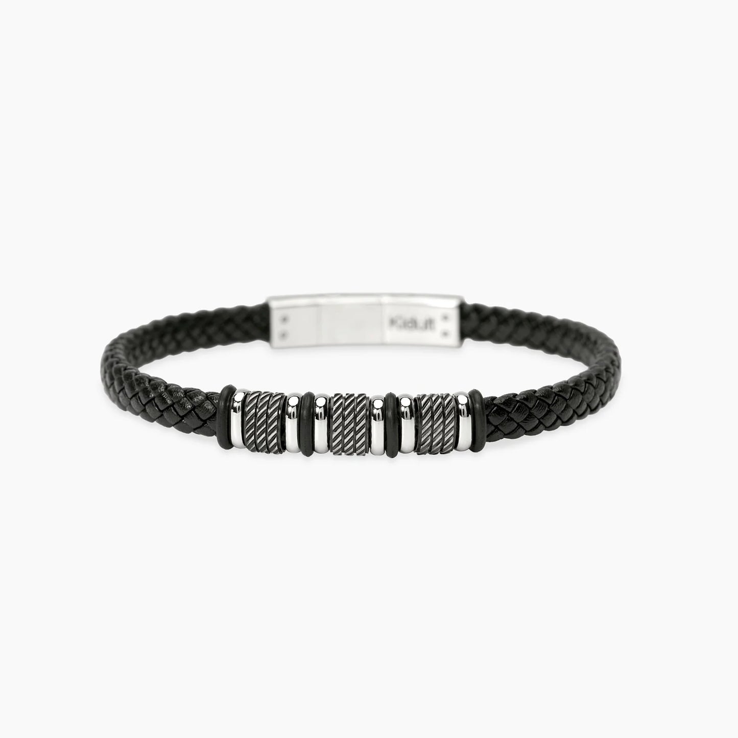 KIDULT - Bracciale in acciaio con lab-leather nera e inserti corda