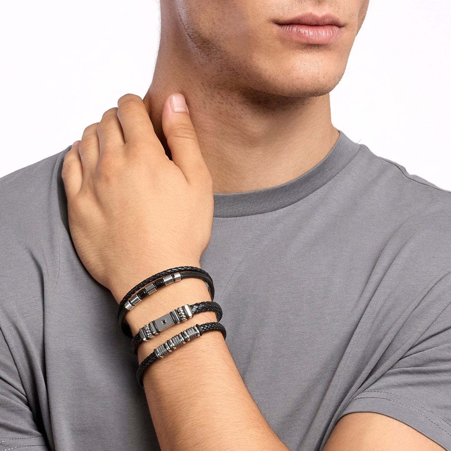 KIDULT - Bracciale in acciaio con lab-leather nera e inserti corda