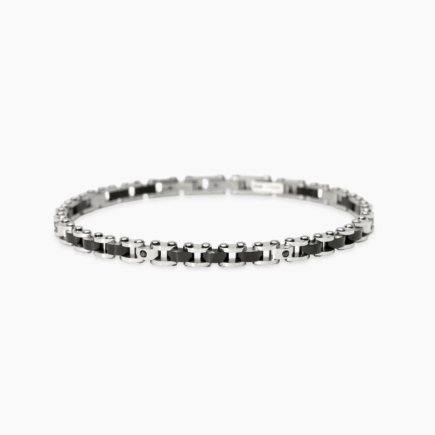 KIDULT - Bracciale uomo in acciaio con elementi lucidi, PVD nero e cristalli neri