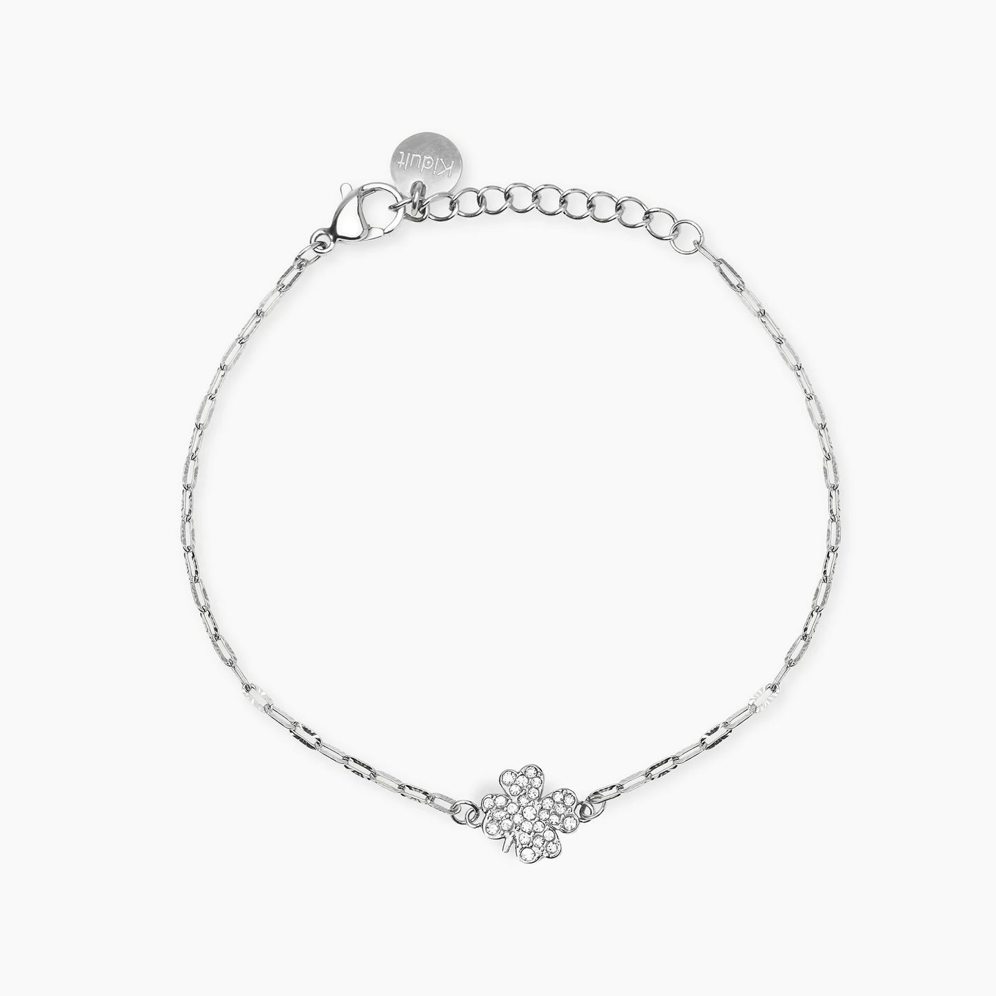 KIDULT - Bracciale in acciaio con catena martellata e ciondolo quadrifoglio
