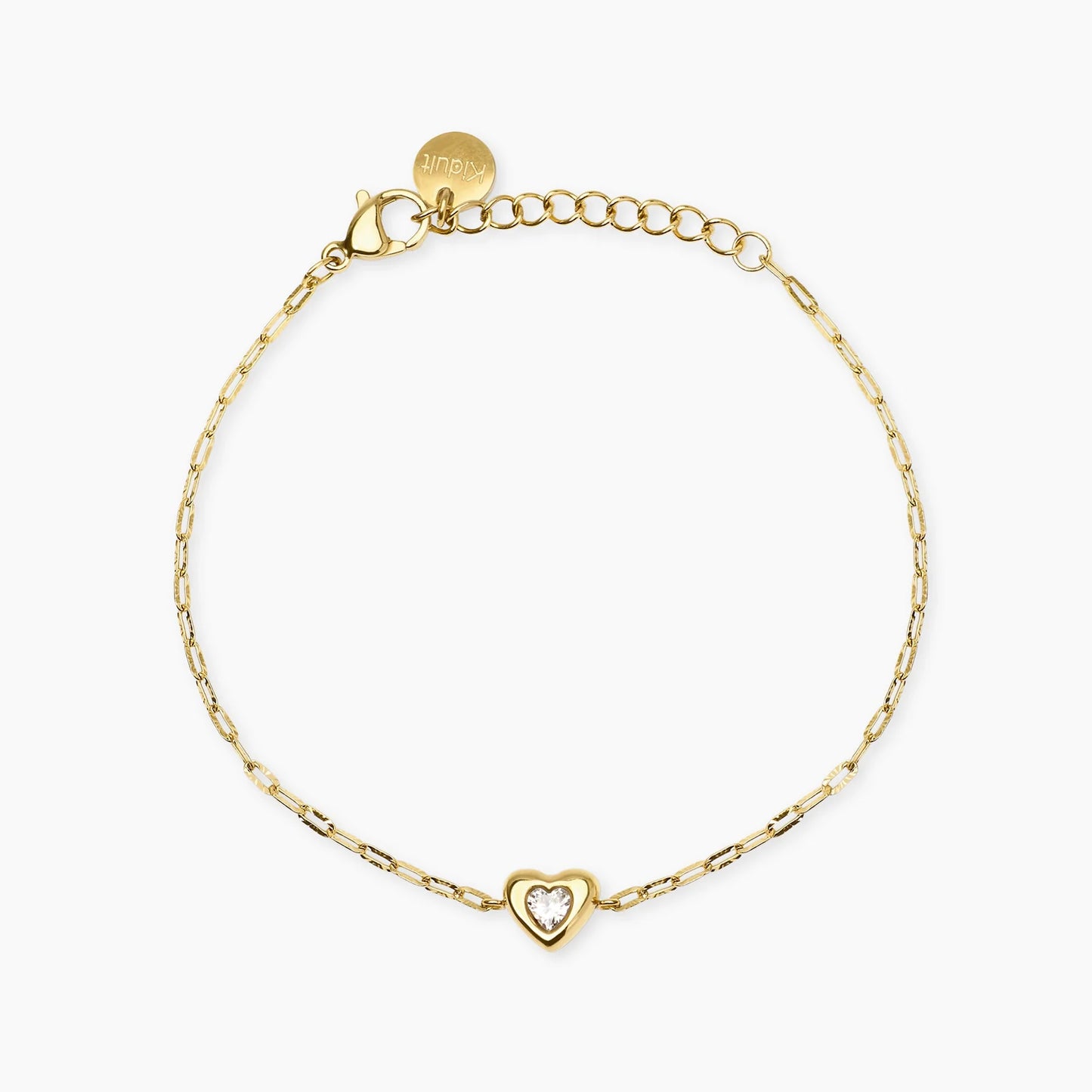 KIDULT - Bracciale in acciaio dorato con catena martellata e cuore con cristallo