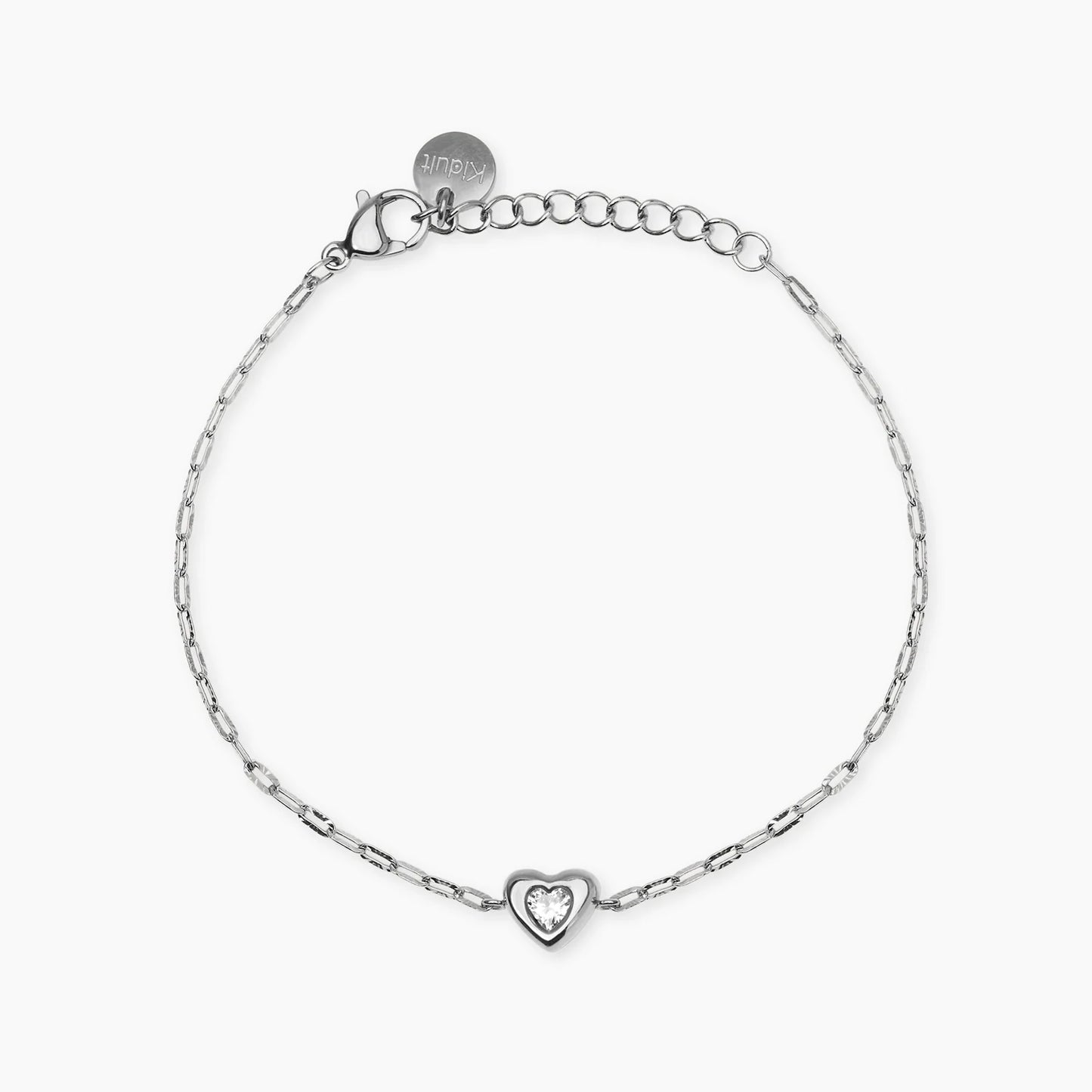 KIDULT - Bracciale in acciaio con catena martellata e cuore con cristallo