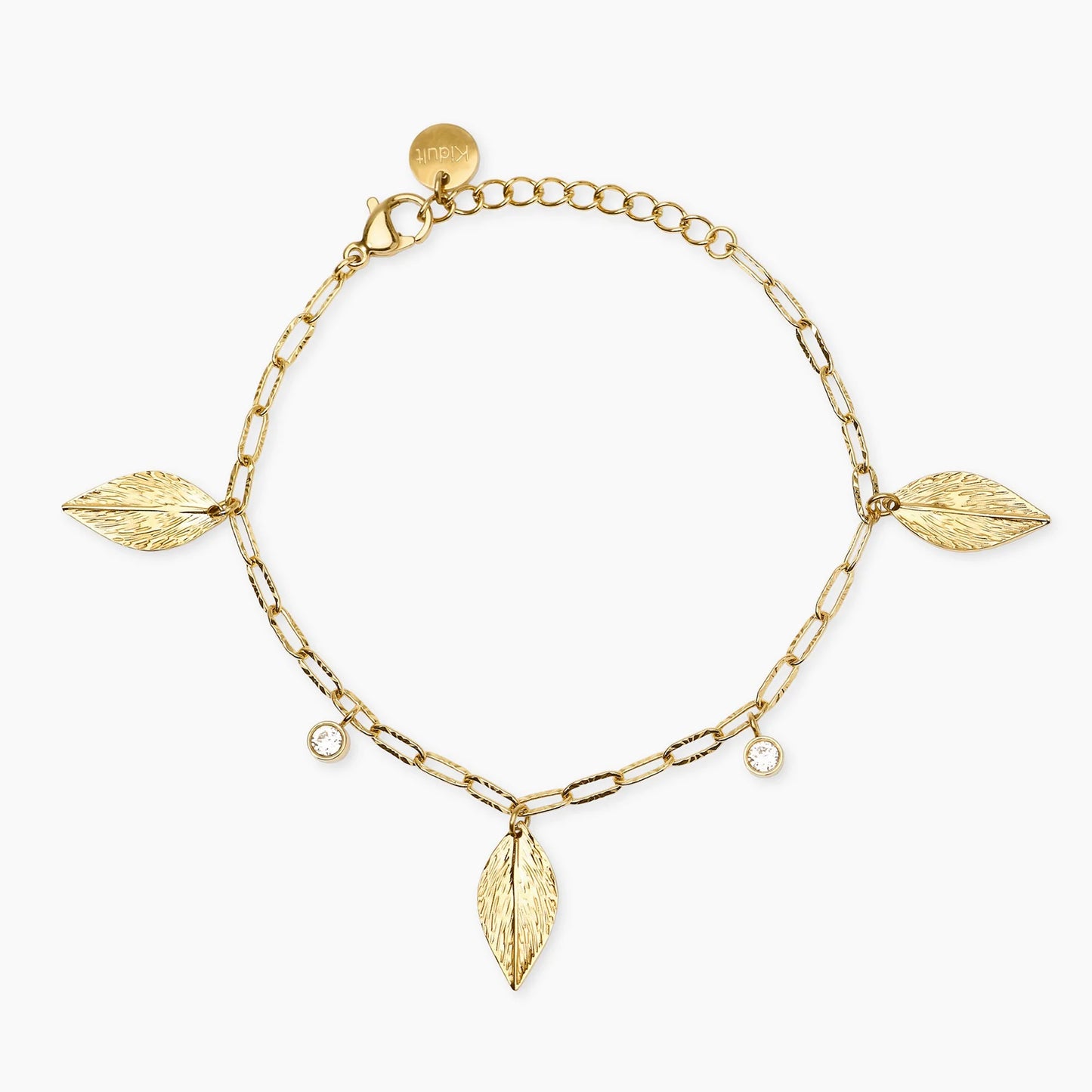 KIDULT - Bracciale in acciaio dorato con catena martellata e ciondoli foglia