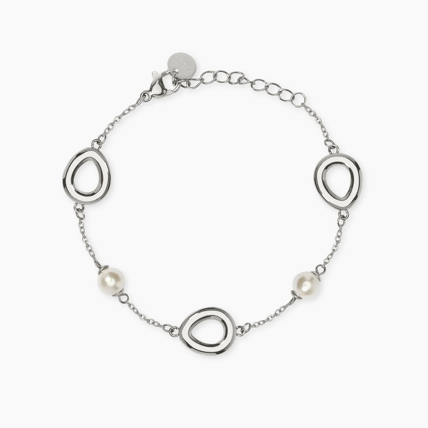 KIDULT - Bracciale in acciaio con catena rolò e perle conchiglia con elementi goccia