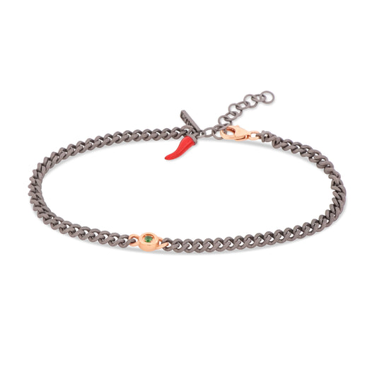 MANO -BRACCIALE UOMO IN TITANIO CON PUNTO LUCE, ZAVORRITI E UNA CATENA GROUMETTE, ORO ROSSO 9KT