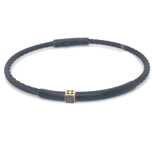 SALVATORE BERSANI - Bracciale in acciaio con cubo in oro con diamanti neri