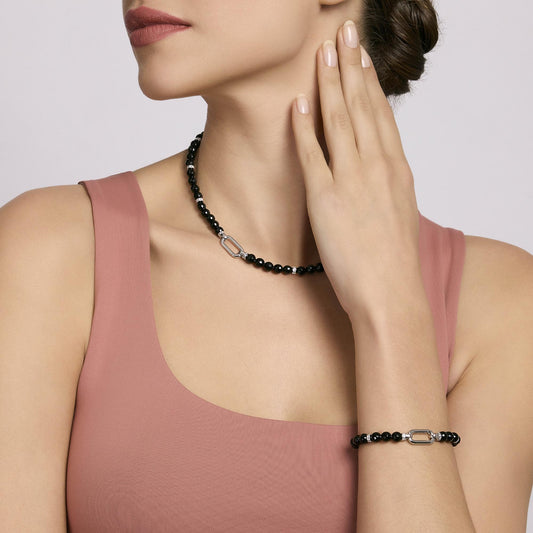 MABINA - Girocollo in argento con agata nera e cristalli bianchi ELIZABETH