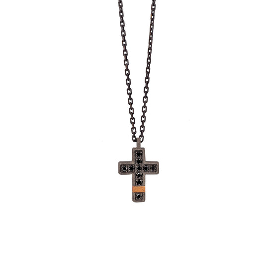 HAND - Necklace with Titanium Cross, Gold and Black Diamonds